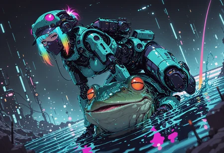 <lora:ck-nc-cyberpunk-IL-000011:0.60>,  masterpiece, best quality, good quality, very aesthetic, absurdres, newest, 8K, depth of field, focused subject, dynamic angle, side view, dynamic shot, extreme perspective, action shot, wabi sabi android woman, rainbow hair, glowing hair, cute simplistic green frog hat with frog eyes on it, white ceramic armor,  detailed eyes,  gazing at viewer, clean visible face,perched on top of giant frog, their face mask is open, one eye has mechanical enhancements, servos, wires, exposed circuits, skin, lillypads, action scene, jumping through water, bioluminescent lillypads,, Sci-fi anime movie (style by George Shaw),shallow depth of field, vignette, (Fujicolor Superia X-TRA 400) , (bioluminecent glow:0.8),
in the style of cknc,
<lora:MoriiMee_Gothic_Niji_Style_Illustrious_r1:0.5>
<lora:ck-neon-retrowave-IL:0.85>
<lora:ck-shadow-circuit-IL:0.35>