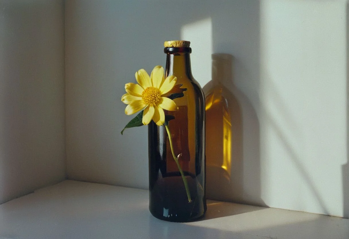 zenit_kodak_gold, instagram photo,a bottle with a flower, hard shadows, film grain