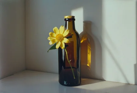 zenit_kodak_gold, instagram photo,a bottle with a flower, hard shadows, film grain