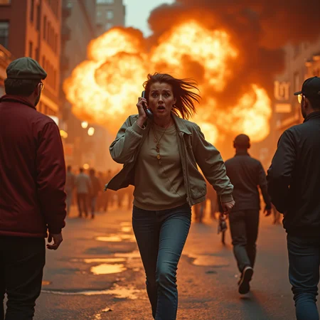 8k movie poster for action film called "MUM ON THE RUN". in the background there is a action shot of a crazed mother (wearing casual clothes with karen hairstyle:1) diving while dialing phone to speak to the manager in one hand and shaking fist at member of public with the other hand in front of a exploding restaurant. new york city, detailed surroundings, thriller, 90s action movie style, cinematic scene, tilted camera angle, sharp focus, (no blur). (image has overlay text that reads "MUM ON THE RUN" in movie style font:1.3).