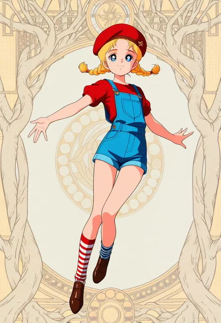 1girl, solo, blue eyes, blonde hair, short hair, hair ornament, twin braids, red beret, freckles, slim, young, thin, high resolution, more details, 8k quality, score_9, score_8_up, score_7_up, masterpiece, best quality, official art, official style, very aesthetic, absurdres, source_anime, perfect anatomy, 1980s (style), hanging eyes, perfect proportions, anatomically correct, perfect hands, perfect fingers, high resolution, more details, 8k quality, best quality, full body, score_9, score_8_up, score_7_up, source_anime, (extremely detailed:1), (masterpiece, best quality, very aesthetic, ultra detailed), intricate details, beautiful background, ultra-detailed, perfect anatomy, perfect face, perfect hands, perfect fingers, perfect eyes, blue overalls, striped socks, mismatched socks, brown footwear, shorts, smile, short sleeves, red shirt, full body, dynamic pose, Vintage European city as background, river as background, looking at viewer,