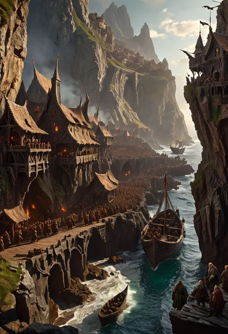 extremely detailed, hero shot, high detail, hires textures, incredibly detailed, intricate details, elaborate diorama, masterpiece, hyperrealism, masterpiece, cliff background, pleasant, stately, grimdark, a crowd of humans elves and dwarves disembark onto a settlement in a fantasy world with ancient-ships in the distant background