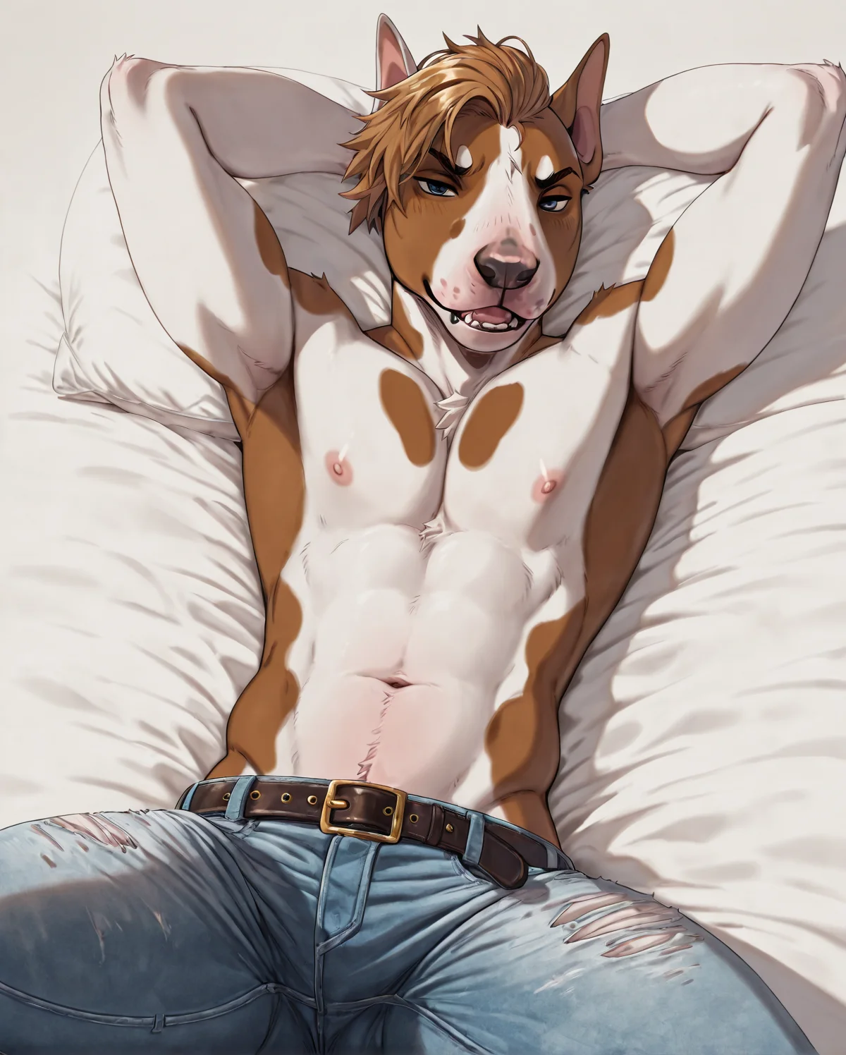 <lora:KasuSei_Illustrious:1>,   
masterpiece, best quality, amazing quality, very aesthetic, stylized, white background, simple background, on bed, 
furry, anthro, (((male))), solo, 1boy, bull terrier, hair, areola, navel, 
belt, jeans,
looking at viewer, handsome, (((erotica))),