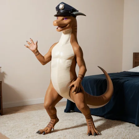 score_9, score_8_up, score_7_up, score_6_up, score_5_up, score_4_up, masterpiece, high quality, realistic, detailed, best quality, solo, rating_safe, source_furry, bedroom, open mouth smile, (looking at viewer), standing up, bipedal, waving, full body, detailed eyes, feral, Sebastian_awsw, brown scales, horns, white underbelly, dragon, tail, scales, claws, purple eyes, male, 1boy, police hat, close up