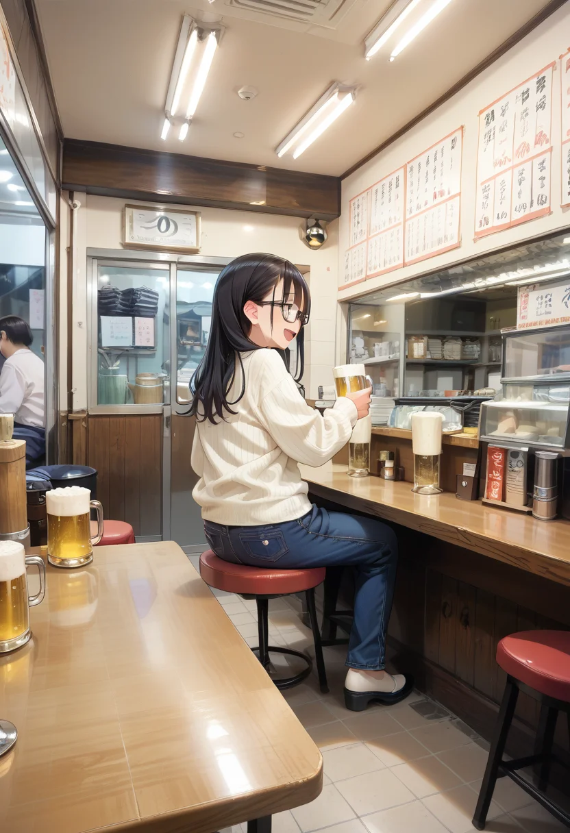 score_9, score_8_up, score_7_up, rating_safe, masterpiece, best quality, absurdres, unity 8k wallpaper, official art, official style, source_anime, game cg, megami magazine,
1girl, solo, glasses, black hair, long hair, white ribbed sweater, jeans, bag, happy, smile, looking at another, open mouth, solo focus, sitting, beer mug, from behind,
sakaba, indoors, tiles, chair, tile floor, ceiling light, table, window, cup, sitting, solo, japanese architecture, japan, counter
<lora:taisyu_sakaba_indoors1_pony_V2:1>