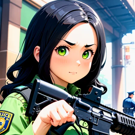 anime, best quality, (masterpiece:1.4), (high quality:1.4), sharp focus, 4k, absurd resolution, detailed hands, curly hair, long hair, (black hair:1.6), 1girl, mature female, (parted hair:1.7), (round face), (no_bangs:1.3), (no_fringe:1.6), <lora:ETO_OC_XL:0.7>, (thick eyebrows:0.9), (plump:0.8), round-chin, (greenish brown eyes), (brownish green eyes), caucasian, down-turned eyes, 1girl, (forehead:0.65), <lora:swat gear_xl:0.7> swat gear, weapon, (paw pose), gun, uniform, police, rifle, street, officers, soldier, military, officer,