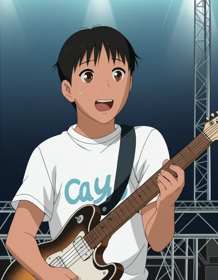 <lora:izumi-maho-illustrious-000015:1> koyuki, 1boy, male focus, solo, stage, guitar, sweat, excited