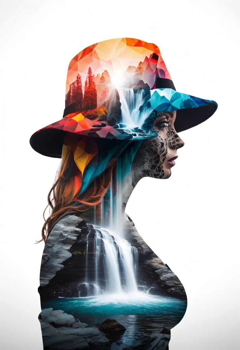 mysterious silhouette woman with hat, amazing depth, double exposure, surreal, ((waterfall|)), pattern, rocks, water, geometric patterns, intricately detailed, bokeh,  perfect balanced, deep fine borders, artistic photorealism, vivid colours, smooth,  with a white background