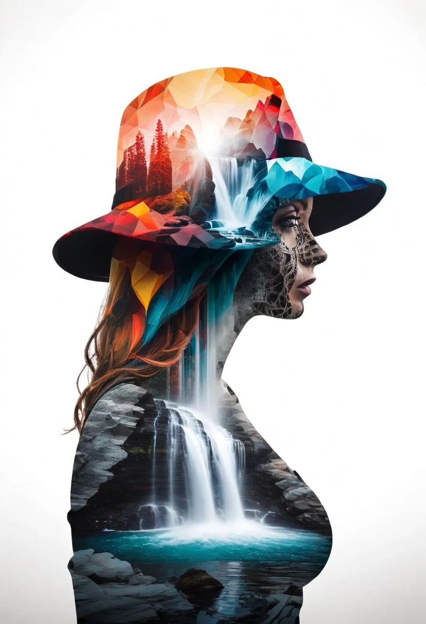 mysterious silhouette woman with hat, amazing depth, double exposure, surreal, ((waterfall|)), pattern, rocks, water, geometric patterns, intricately detailed, bokeh, perfect balanced, deep fine borders, artistic photorealism, vivid colours, smooth, with a white background