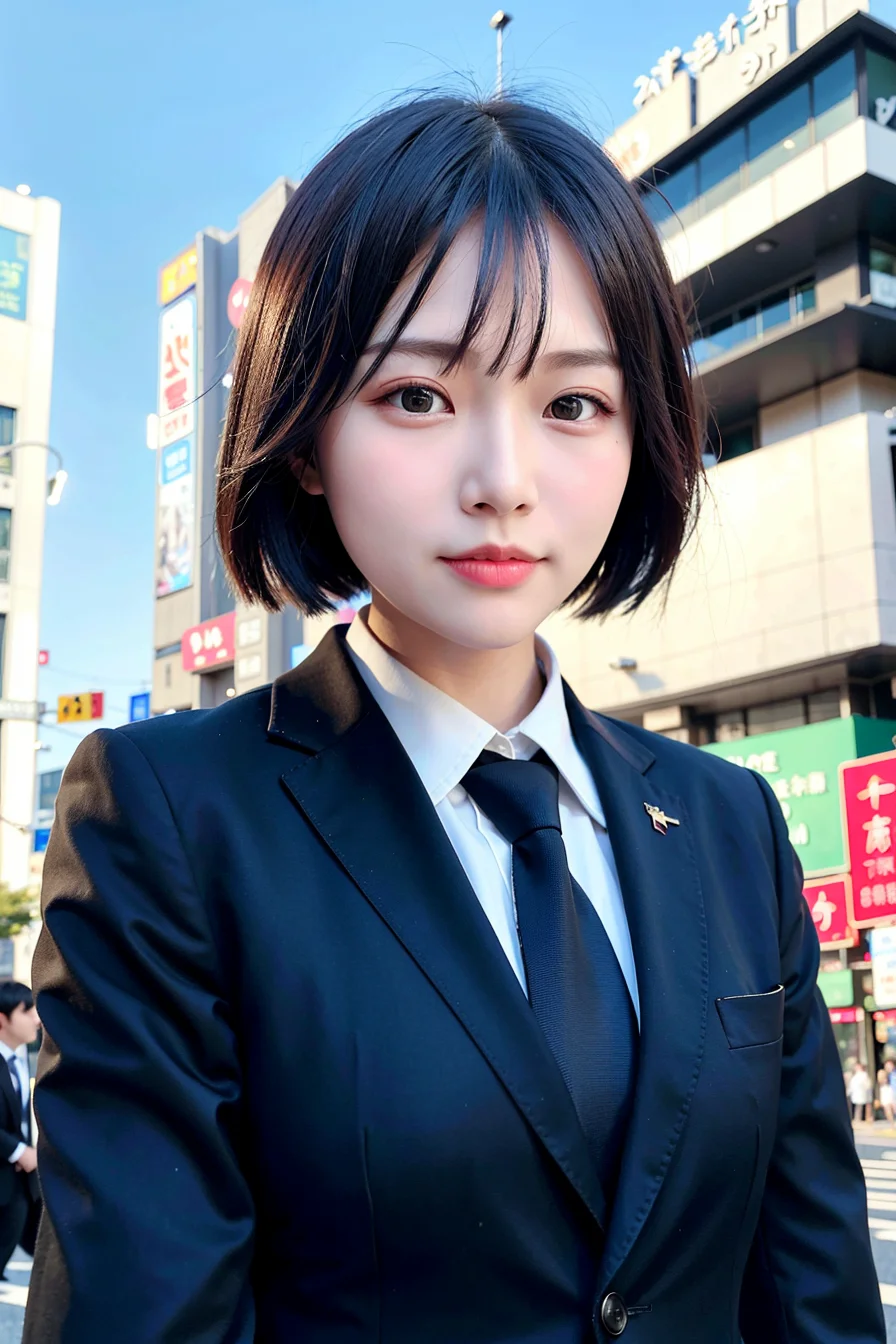 (RAW photo, best quality), (realistic, photo-realistic:1.2), 1 chinese girl,detailed sky, tokyo street, detailed eyes, shiny eyes, looking at viewer, (formal black suit:1.2), white shirt, short hair, floating hair