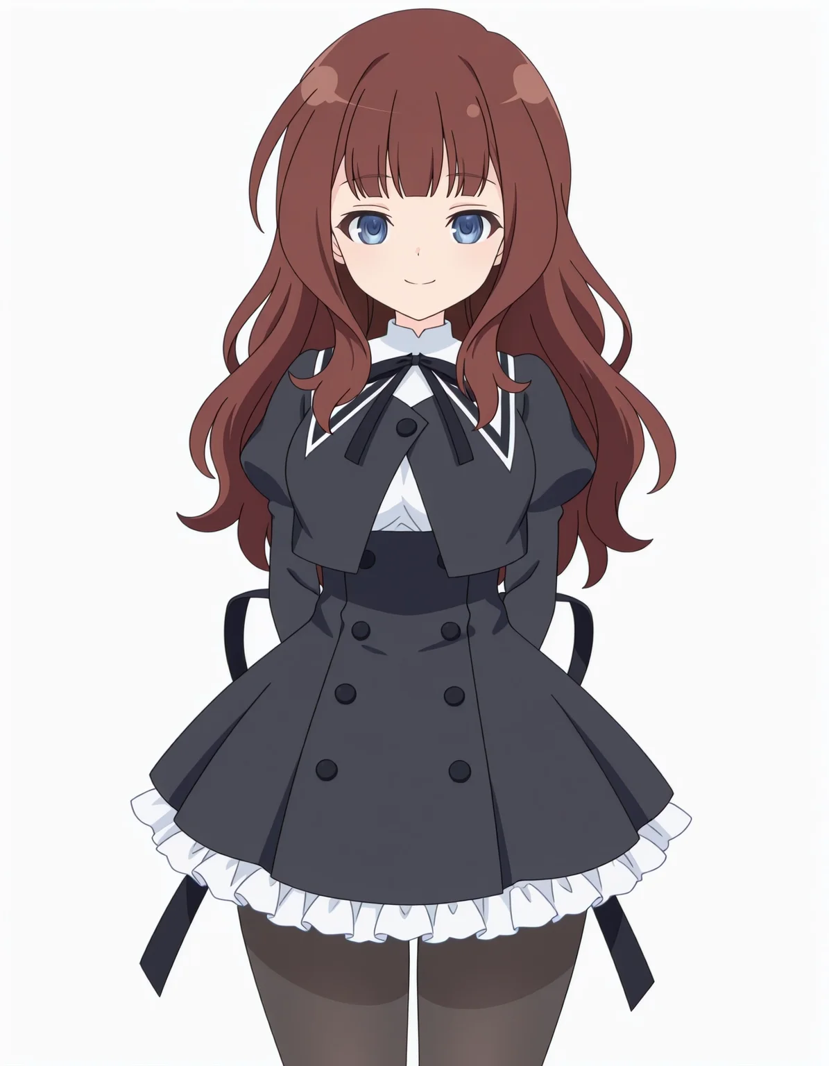 masterpiece, best quality, high quality, 1girl, solo, kaede johan nouvel, assault lily, <lora:iAssaultLily:0.85>, school uniform, black pantyhose, standing, cowboy shot, arms behind back, looking at viewer, smile, simple background, white background,
anime screenshot, anime coloring, flat color, masterpiece, best quality, very aesthetic, aesthetic, absurdres, highres, detailed, beautiful color, amazing quality, sensitive