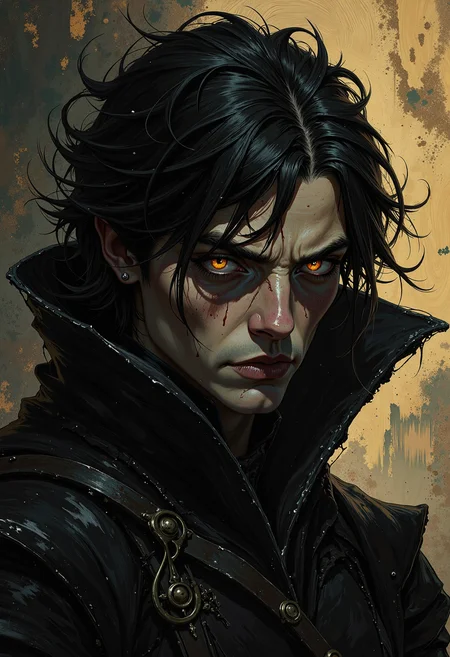 A hauntingly beautiful oil painting in the style of dark gothic fantasy horror, depicting a close-up portrait of a conventionally handsome young male. The scene is cinematically dynamic and ominous, set against a chaotic, abstract background of swirling, dark brushstrokes that evoke a sense of turmoil and despair. The characterâs piercing eyes are the focal point, slowly filling with an inky blackness as if a void is consuming them from the inside. His expression is one of silent anguish, his features illuminated by a faint, eerie glow that contrasts with the encroaching darkness. The painting is highly stylized, with intricate details and a sense of depth that draws the viewer in. The colors are rich and bold, with deep shadows and highlights that create a dramatic, almost three-dimensional effect. The overall mood is one of foreboding and dread, as if the character is on the brink of being consumed by an unseen force. The brushwork is expressive and textured, with thick, heavy strokes that add to the emotional intensity of the piece. The characterâs pose is slightly tilted, his head turned downward, as if in resignation or defeat, his dark, tousled hair framing his face like a halo of shadows. His lips are parted slightly, as if whispering a final plea or curse. The entire composition is framed by a subtle, golden glow, adding a touch of the divine to the otherwise dark and macabre scene., Illustration ArcaneFGTNR, in the style of ckpf,.,oil painting, realistic, dark gothic fantasy horror, close-up character portrait, cinematic, dynamic, ominous, chaotic abstract background, swirling dark brushstrokes, void consuming from the inside, highly stylized, intricate details, conventionally handsome young male, piercing eyes, inky blackness, silent anguish, eerie glow, contrasting light and shadow, rich bold colors, deep shadows, dramatic highlights, textured brushwork, heavy strokes, emotional intensity, tilted head, dark tousled hair, parted lips, golden glow, divine touch, macabre, foreboding, despair, turmoil, unseen force, three-dimensional effect, expressive, silent plea, resignation, defeat, halo of shadows, divine contrast, dark fantasy, gothic horror, oil painting techniques, chiaroscuro, vibrant colors, abstract expressionism, detailed, haunting, beautiful, cinematic framing, Illustration ArcaneFGTNR, in the style of ckpf,.,<lora:Retrocom1_for_Flux.:0.255> Illustration<lora:ArcaneFGTNR:0.37> ArcaneFGTNR,<lora:flux_mad_vk_:0.622><lora:ck-painterly-fantasy-000017:0.409> in the style of ckpf