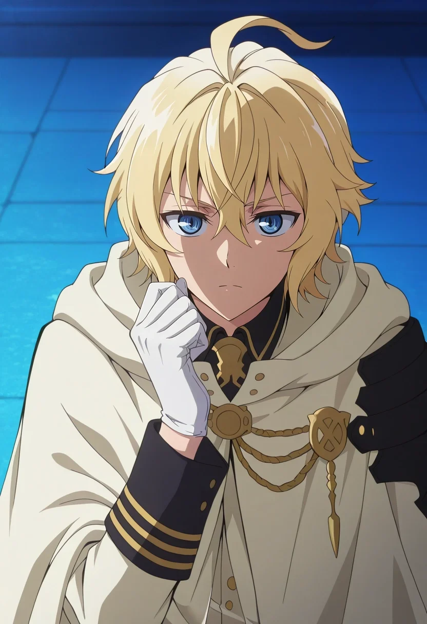 masterpiece, best quality, , anime screencap, anime coloring, , looking at viewer, 1boy, solo, male focus, <lora:mikaela_hyakuya_ilxl:0.92>, mikaela_hyakuya, blonde hair, blue eyes, short hair, hair between eyes, bangs, ahoge, white gloves, cape, ,
