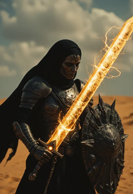 Upper body shot of a dark, menacing figure, now a nun in the same mechanical, battle-worn outfit, in the heat of an intense, action-packed battle, captured with the gritty realism of an old analog camera. The nun’s intricately designed, battle-worn helmet reflects the eerie glow of her weapon—a massive, twisted sword. However, the blade now crackles with divine energy, gathering at its tip where a glowing orb of golden and white light pulses with immense holy power. The energy radiates along the length of the blade, casting a radiant, holy glow that illuminates the nun’s helmet and armor, creating stark contrasts between light and deep shadows.
In her other hand, the nun wields a terrifying yet sanctified shield, adorned with jagged, twisted patterns and a serene visage that emanates holiness, as if blessed by divine magic. The glow from the sword throws the intricate details of the shield into sharp relief, casting long shadows. The nun stands amidst a dark, angry, and dense sandstorm in a barren desert, with the storm whipping violently around her, obscuring the sky with swirling sand and creating a chaotic, foreboding atmosphere.