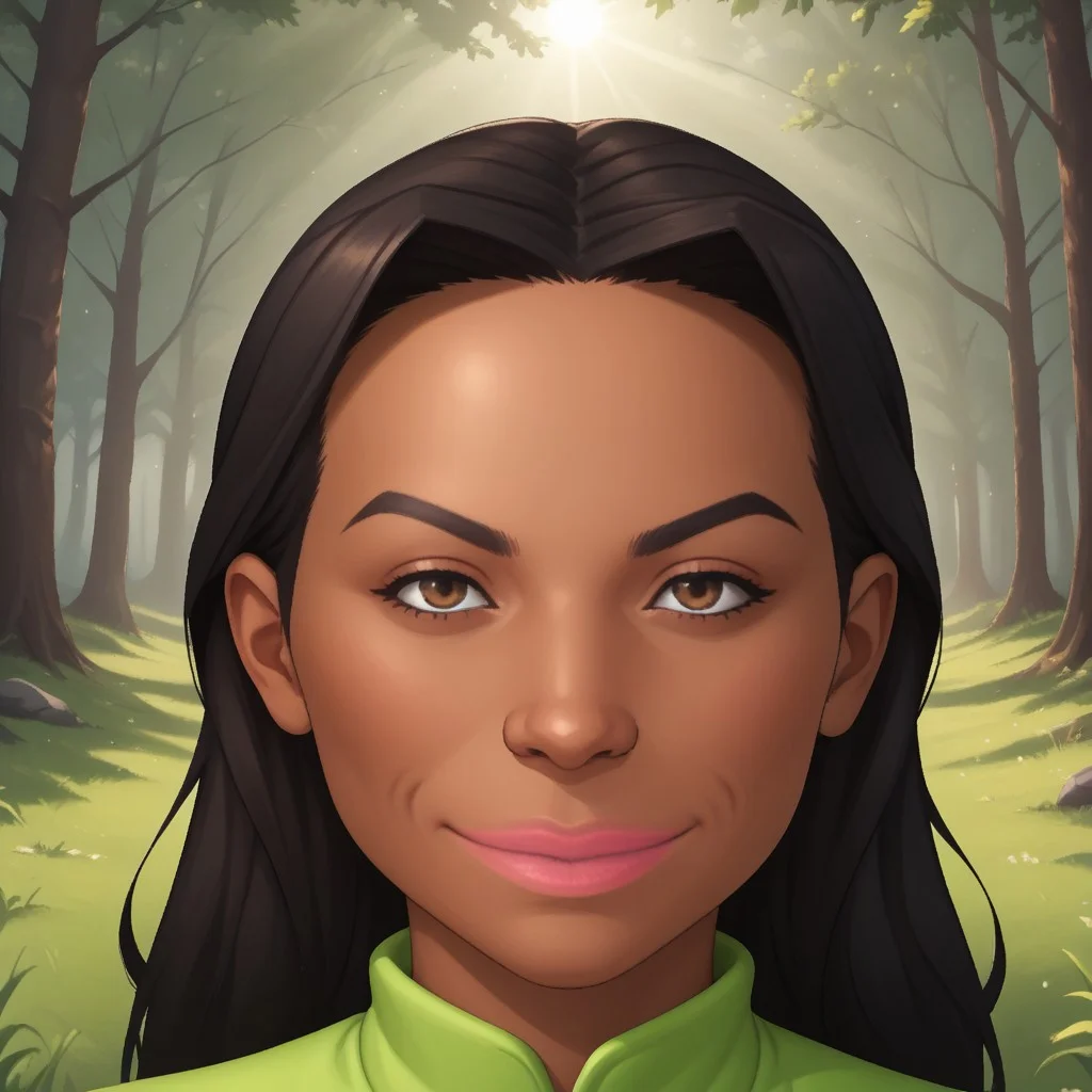 score_9, score_8, BREAK, solo, wii, mii, wii sports, 1girl, female mii, brown eyes, black hair, black eyebrows, pink lips, dark skin, light green clothing, white pants, shoes, nintendo mii, modern_mii, classic_mii, breasts, maria_\(\\wii_sports\\\), sexy pose, smile, outdoors, sunlight, shadows, evening lighting, natural lighting, forest, trees, grass, orange sky, sunset