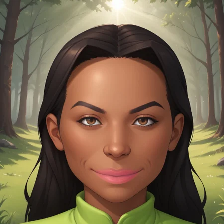 score_9, score_8, BREAK, solo, wii, mii, wii sports, 1girl, female mii, brown eyes, black hair, black eyebrows, pink lips, dark skin, light green clothing, white pants, shoes, nintendo mii, modern_mii, classic_mii, breasts, maria_\(\\wii_sports\\\), sexy pose, smile, outdoors, sunlight, shadows, evening lighting, natural lighting, forest, trees, grass, orange sky, sunset