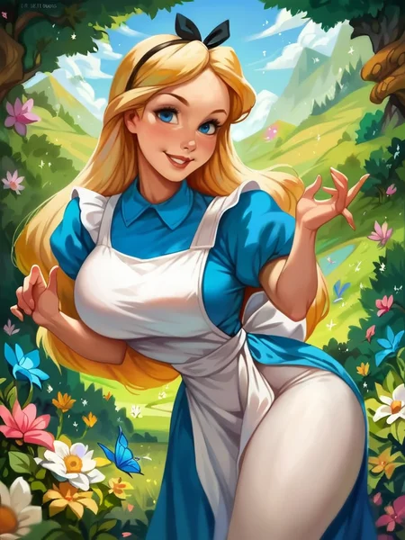 score_9, score_8_up, score_7_up, score_6_up, alice (alice in wonderland), AliceWaifu walking in a forest around multiple flowers, magic particles, leaning forward, cute pose, huge breasts, narrow waist, wide hips, thick thighs, cinematic, naughty face, smile, blue eyes, dress, white pantyhose, apron, black hairband, blonde , disney style, looking at viewer, toon \(style\),
detailed landscape, cowboy shot,
<lora:AliceInWonderlandXLPony_character:0.7>