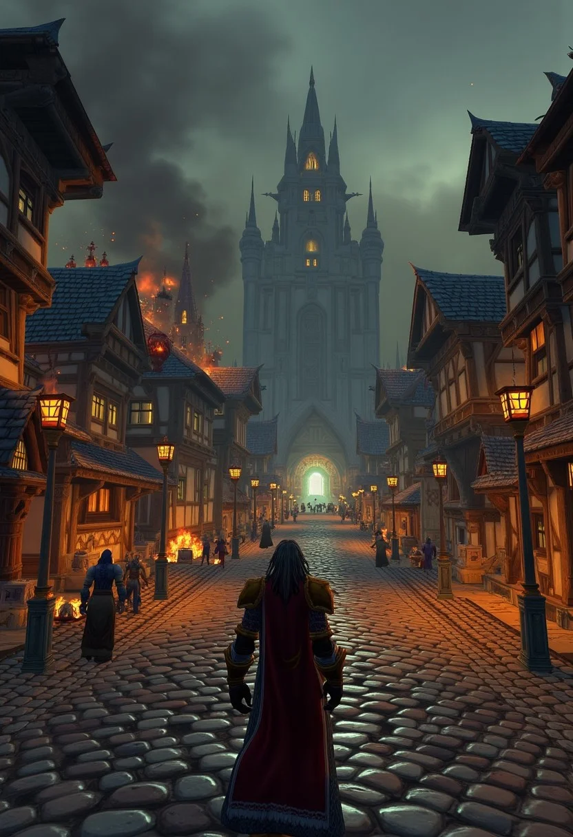 world of warcraft, ultrarealism, real life, The view is from the eyes of a terrified villager looking up at the approaching soldiers led by Arthas. The cobblestone streets are littered with debris and smoke from burning homes fills the sky. People scream and run in all directions, some coughing from the plague's effects, while others scramble to escape the knights who mercilessly cut down anyone in their path. Children cling to their parents, and the once-thriving city has turned into a chaotic warzone. From the villager’s perspective, the approaching soldiers are an unstoppable wall, their cold steel gleaming in the dim light, reflecting the flames.