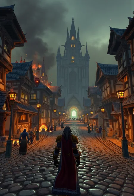 world of warcraft, ultrarealism, real life, The view is from the eyes of a terrified villager looking up at the approaching soldiers led by Arthas. The cobblestone streets are littered with debris and smoke from burning homes fills the sky. People scream and run in all directions, some coughing from the plague's effects, while others scramble to escape the knights who mercilessly cut down anyone in their path. Children cling to their parents, and the once-thriving city has turned into a chaotic warzone. From the villager’s perspective, the approaching soldiers are an unstoppable wall, their cold steel gleaming in the dim light, reflecting the flames.