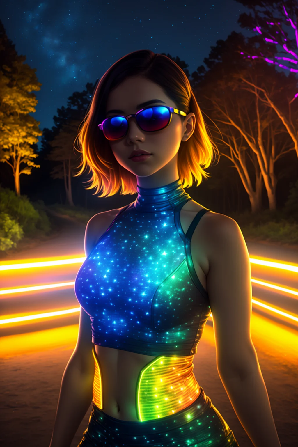 rgb, <lora:GamerFashion-rgb-V1:1>, from_above, crop top, detailed face, yellow bodycon tank top, hair, park, sky, trees, pale skin, moonlight, stars, 1girl, statement sunglasses, woman,petite, vivid colors, bokeh background, subject for emphasis,dramatic colors,
