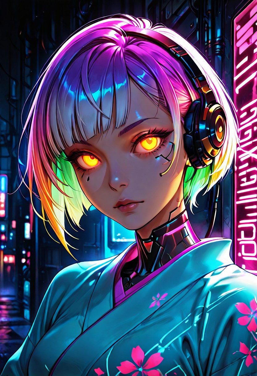 1girl, solo, portrait, upper body, cyberpunk, himecut, short hair, multicolored hair, headphone, cyborg, kimono, glowing eyes, purple neon colors, megacity street, dramatic lighting, detailed background, dynamic angle, looking at viewer