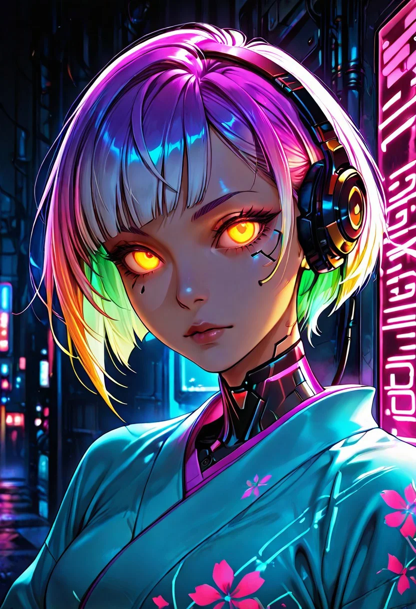 1girl, solo, portrait, upper body, cyberpunk, himecut, short hair, multicolored hair, headphone, cyborg, kimono, glowing eyes, purple neon colors, megacity street, dramatic lighting, detailed background, dynamic angle, looking at viewer