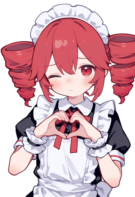 E_0x0194_type2,
kasane teto, 1girl, alternate costume, apron, black dress, blush, closed mouth, dress, drill hair, enmaided, heart, heart hands, looking at viewer, maid, maid apron, maid headdress, neck ribbon, one eye closed, red eyes, red hair, ribbon, short sleeves, simple background, solo, twin drills, upper body, white apron, white background, wrist cuffs
, masterpiece, best quality, good quality,
<lora:ai_styles_collection_noob_vpred-1.0-v6-edm2-pass:1>