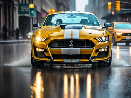 a closeup photo of mstgsgt500 car driving in the rain in the city, rainy, hdr, 8k, ultra high-res, movie picture frame<lora:mstgsgt500_car_t02_SDXL-000010:0.7>