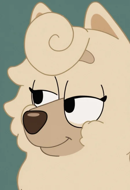 score_7_up, score_8_up, score_9, masterpiece,  high quality,
WendyBluey, female, furry female, solo, 1girl, adult, cartoon, anthro dog, dog ears, chow chow, beige fur, black eyes, 
front hair curl, brown nose,
smiling, ((bedroom eyes)),
headshot, head view,