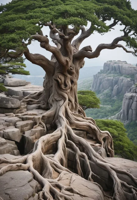 beautiful shot of an huge, gnarled, and ancient tree with exposed roots over a granite cliff, climbing on it, 100mm f/2.8 macro lens, depth of field, atmospheric view