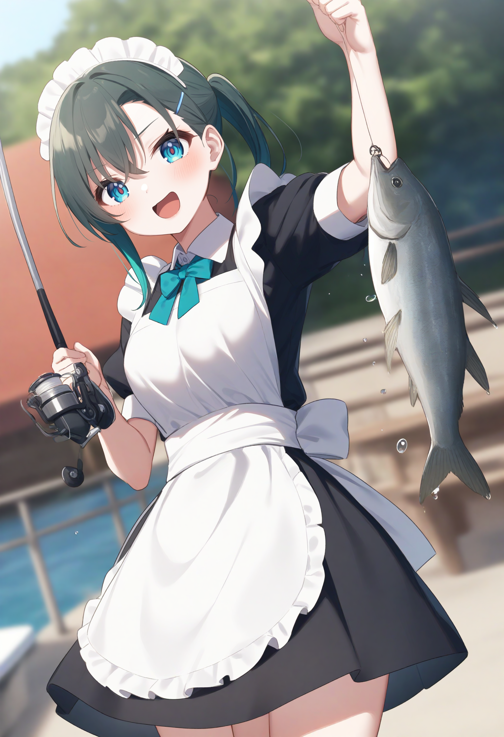 1girl,sincos, ningen mame, toosaka asagi,solo,medium breasts,20yo,maid,maid headdress,
fishing, fishing rod, fish, boat, holding fishing rod, holding fish, ocean, day, arm up, water drop, fishing line, <lora:fishing_XL_v1:0.8>
dutch angle, cowboy shot, looking to the side, green hair, aqua eyes,happy,  open mouth, short ponytail hair,,
best quality, very aesthetic, absurdres