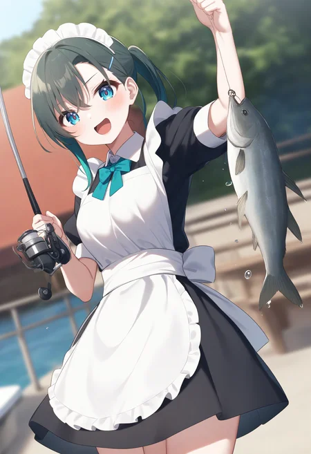 1girl,sincos, ningen mame, toosaka asagi,solo,medium breasts,20yo,maid,maid headdress,
fishing, fishing rod, fish, boat, holding fishing rod, holding fish, ocean, day, arm up, water drop, fishing line, <lora:fishing_XL_v1:0.8>
dutch angle, cowboy shot, looking to the side, green hair, aqua eyes,happy, open mouth, short ponytail hair,,
best quality, very aesthetic, absurdres