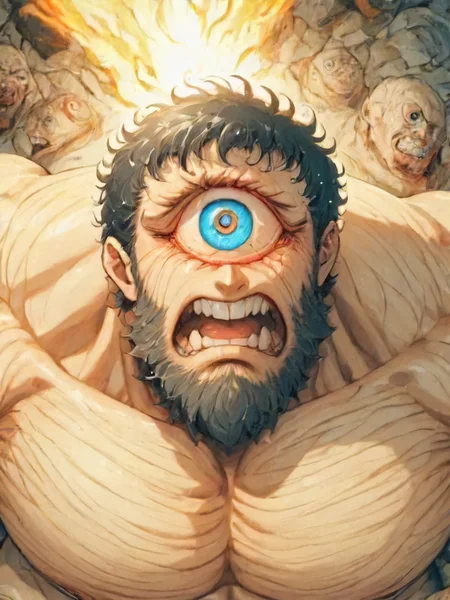 cyclops, one eye, solo, looking at viewer, short hair, open mouth, blue eyes, black hair, 1boy, male focus, teeth, blood, muscular, facial hair, scar, fire, beard, veins, one-eyed<lora:cyclopes:1>