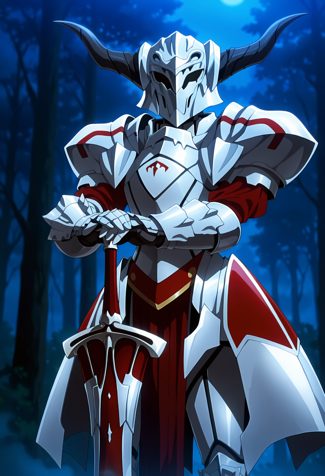 anime screencap, masterpiece, best quality,
<lora:FateApocrypha_Mordred_IlluXL:0.9>,
1girl, solo,
horned helmet, full armor, pauldrons, faulds, gauntlets, greaves, pelvic curtain,
hands on hilt, sword, clarent \(fate\),
standing, looking at viewer, cowboy shot,
outdoors, forest, dark, night, fog, blue theme, blurry background