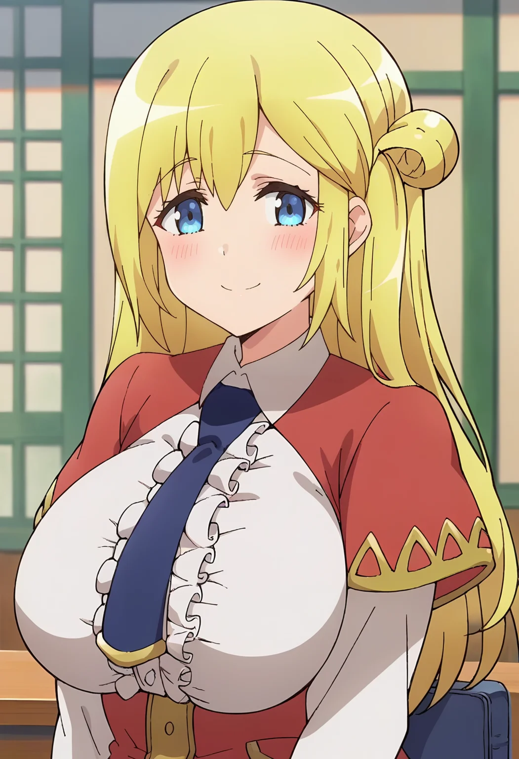 <lora:Enome_1:0.9> Enome, 1girl, blonde hair, solo, breasts, smile, large breasts, long hair, hair bun , school uniform, blush, blue necktie, red capelet, portrait, looking at viewer, score_9, score_7_up,anime coloring ,source_anime, anime