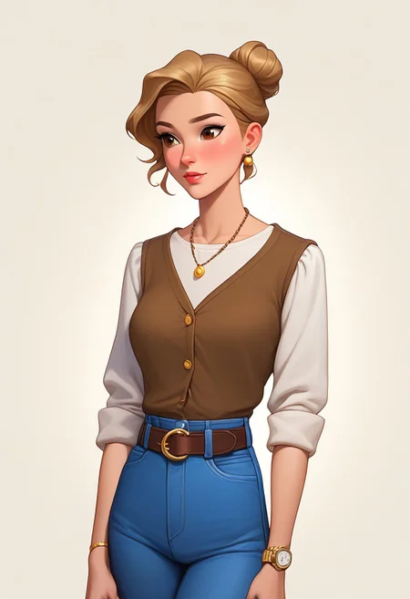 score_9, score_8_up, score_7_up, mercasg, BREAK 1girl, woman, young, solo, pretty, sad, upset, medium breasts, blonde hair, ((single bun on back of head:1.5)), bob cut, bob haircut, medium hair, brown eyes, light brown lipstick, makeup, ((earrings with blue feathers)), ((boho necklace with brown lace and blue cabochon:1.2)), denim vest with copper buttons, white shirt with loose sleeves rolled up to the elbow, brown T-shirt tucked into denim blue trousers, black waist belt with a gold buckle, ((a watch on the left hand with a brown strap)), (bracelets on the right hand), BREAK hands down, ((left hand holding right hand)), standing, cowboy shot, semi-sideways, half-sideways, looking down, BREAK simple background, white background