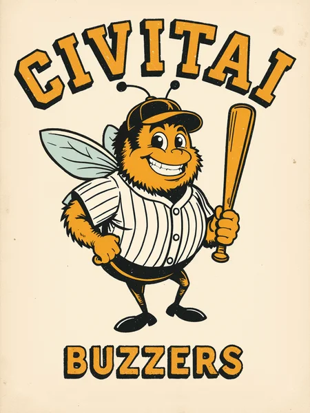 Vintage letterpress-style mascot logo featuring a fat, fuzzy bumblebee dressed as a classic baseball player, gripping a wooden bat with confidence. The bee has a determined grin, wearing a striped jersey and a small cap tilted slightly. Bold, blocky varsity-style lettering spells “CIVITAI”, arched above the character. Below, in a sharp, pointy typeface, the word “BUZZERS” adds a dynamic, aggressive flair. The design has a distressed, screen-printed texture, using a limited retro color palette of black, gold, and off-white, evoking old-school sports team branding and classic baseball aesthetics