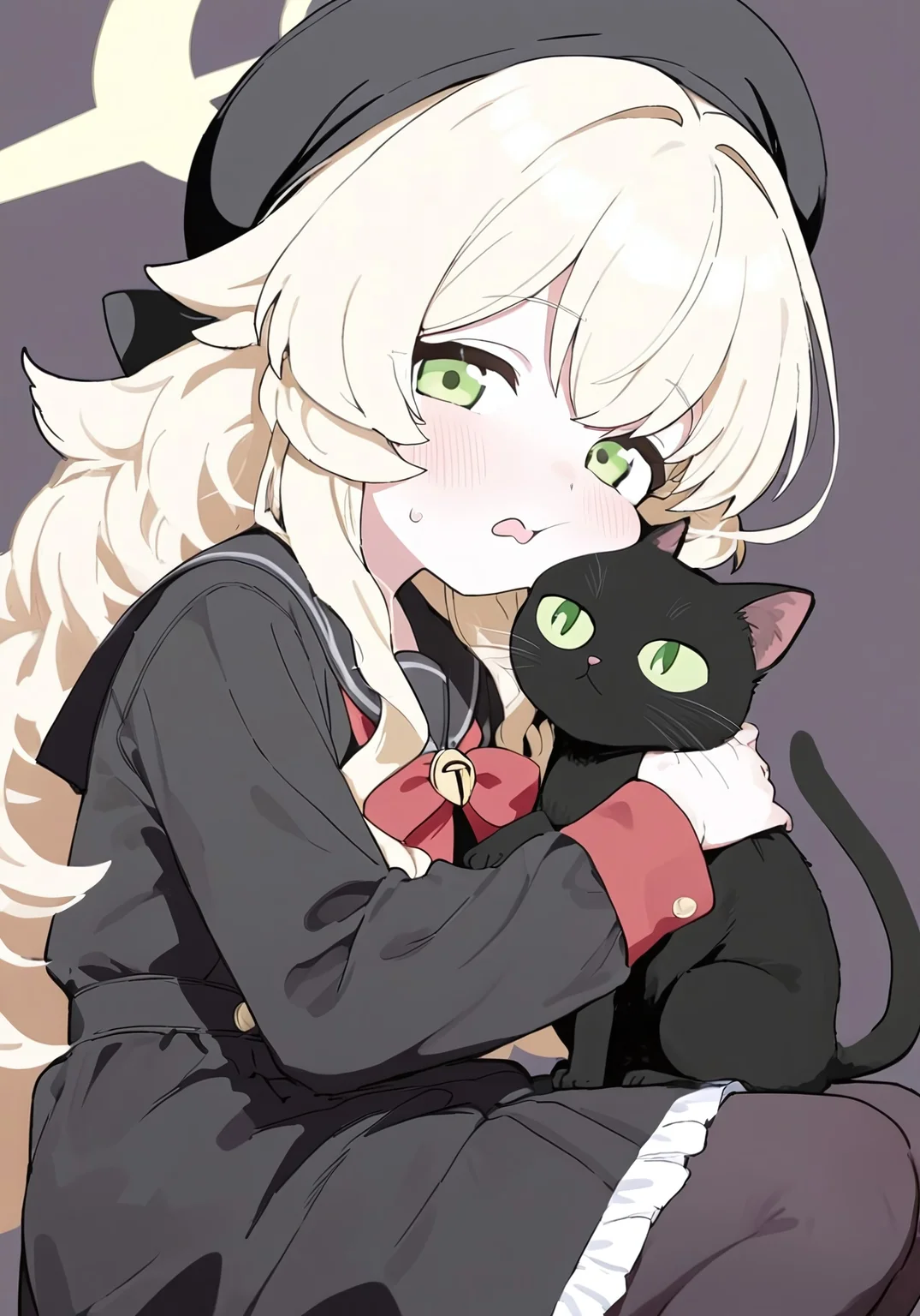 (best quality,8K, masterpiece:1.3),anime,very aesthetic, absurdres,featured ,finely detail,((extremely detailed,8k wallpaper)),illustration,Amazing,highres,intricate detail,female focus, (beautiful detailed girl),dynamic pose, delicate facial features, soft lighting, clean lineart, anime style, from side,hand focus,
cat, holding animal, black cat, holding cat,white background,simple background,look at viewer,shy,surprising,open mouth,ahoge,
1girl,solo,professor niyaniya (blue archive),(black dress,beret,double-parted bangs,long sleeves,red bow,sidelocks,black pantyhose,round cheeks,low cheekbone,chin curve, large anime eyes, emerald green eyes,blonde hair,yellow halo:1.3)