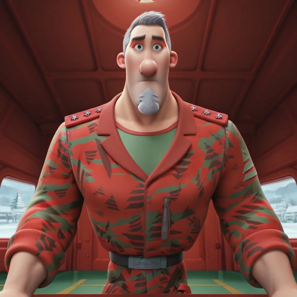 Cartoon source, High Quality, perfect anatomy, amazing art, LineArt, Master piece, Nice art, Steve Claus, 1boy, solo, Mature man, Mature man, gray hair, short hair, black eyes, big nose, eyebrows, goatee, Christmas tree goatee, facial hair, gray hair, Big pecs, Big chest, military uniform, dynamic pose, dynamic view, dynamic expressions