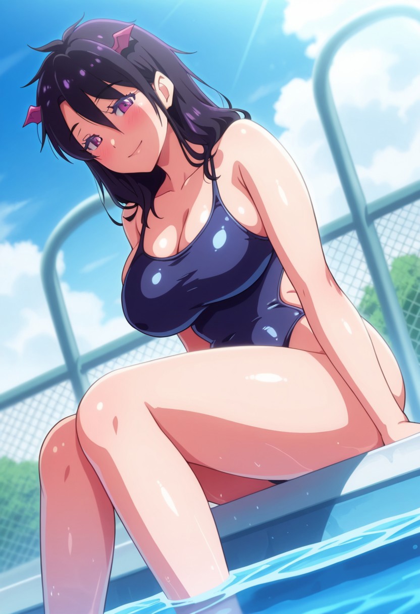 (((1girl,solo))),(masterpiece, amazing quality, best quality),very aesthetic, illustration, perfect composition, intricate details, absurdres, incredibly absurdres,(((Eririn,Black Hair,Medium Hair,Purple Eyes,Eyelashes,Lips,Ahoge,Hair Ornaments,Huge Breasts,Blue Swimsuit,One-Piece Swimsuit,Cleavage,perfect face, detailed eyes,Original Style,sitting,sitting on pool ledge,legs in water))),blush,dutch angle,low angle,looking down,looking down at viewer,smile,pool,water,sky