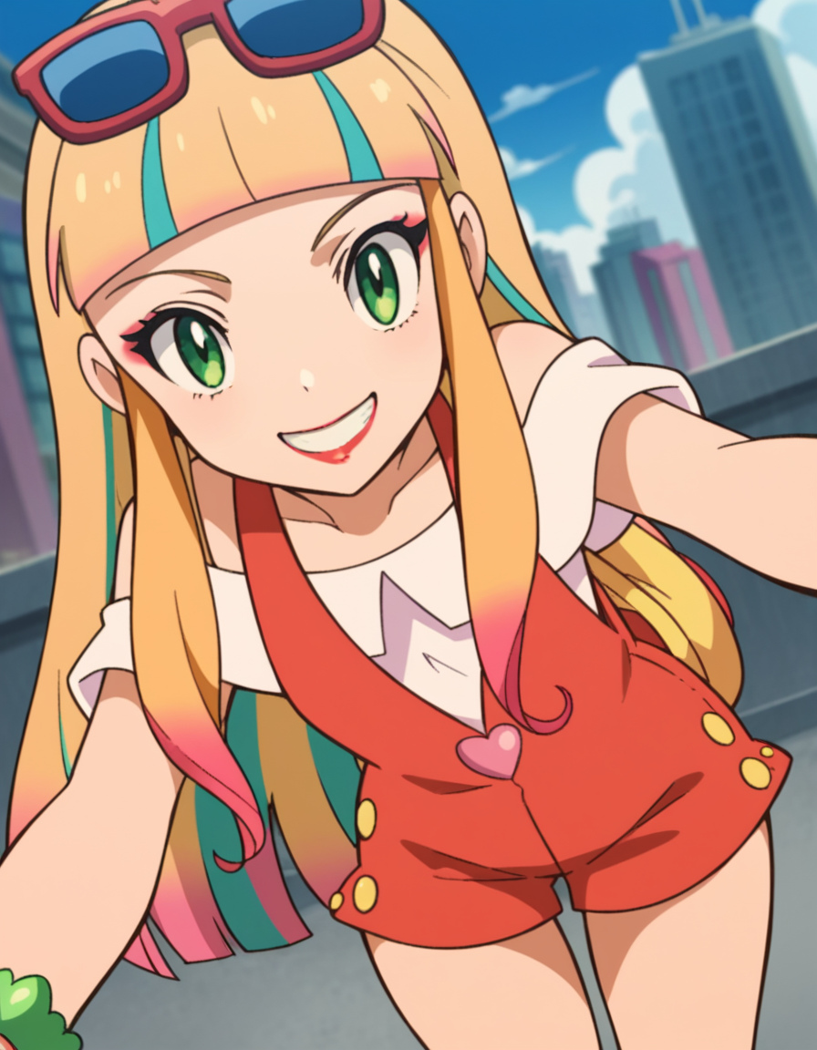 score_9, score_8_up, score_7_up, source_anime,
pokemonrisa, <lora:pokemon-risa-movie-ponyxl-lora-nochekaiser:1>,
risa, long hair, bangs, blonde hair, green eyes, multicolored hair, blunt bangs, makeup, lipstick,
shirt, jewelry, short sleeves, heart, bracelet, sunglasses, eyewear on head, overalls, overall shorts,
cityscape, street, bent over, smile,
looking at viewer, cowboy shot, solo, dutch angle,