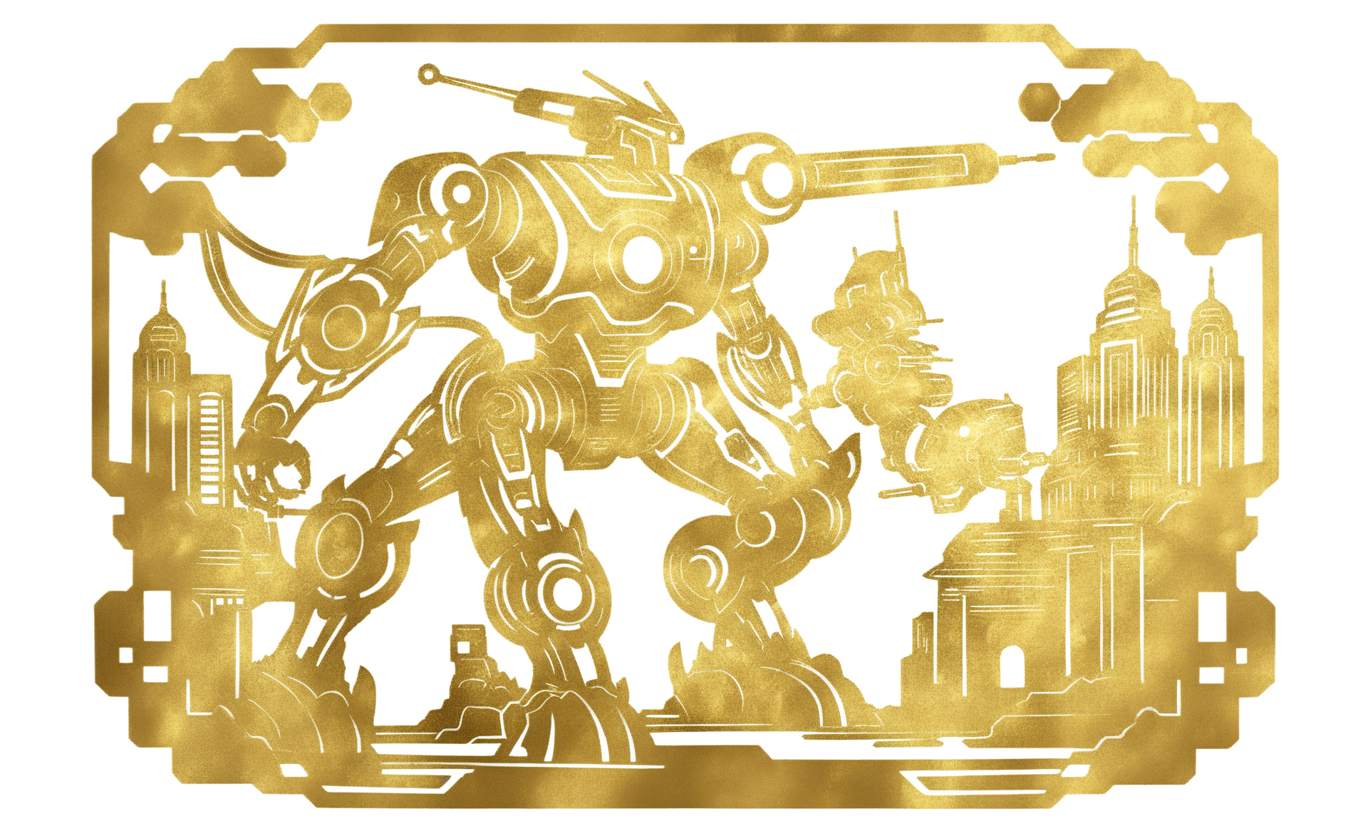 <lora:papercutcd_xl-000004:0.9>, a Chinese paper cut of a mecha, papercutcd_xl, gold theme, (solo:1.2), cyberpunk, cityscape, science fiction, future city, (white background:1.3, Unbelievable Digital Artwork:1.3), CGSociety, ArtStation, master works, masterpiece, best quality, ultra detailed, high quality