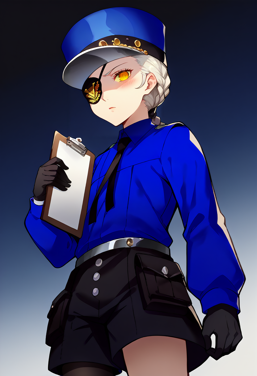 <lora:pony_good_hands:1>, <lora:Anime Style 2 SDXL_LoRA_Pony Diffusion V6 XL:0.3>, score_9, score_8_up, score_7_up, source_anime, good_hands, <lora:Persona_5_Portrait_Style_Pony:0.7>
standing, from below, dutch angle, cowboy shot, 
<lora:VelTwins-000010:1>, 1girl, solo, p5just, white hair, single braid, eyepatch, left eyepatch, black gloves, uniform, blue hat, blue collared shirt, black necktie, long sleeves, black shorts, single thighhigh, 
standing, holding clipboard, 
<lora:Expressive_H:1>, yellow eyes, looking at viewer, blush, shaded face, expressionless,