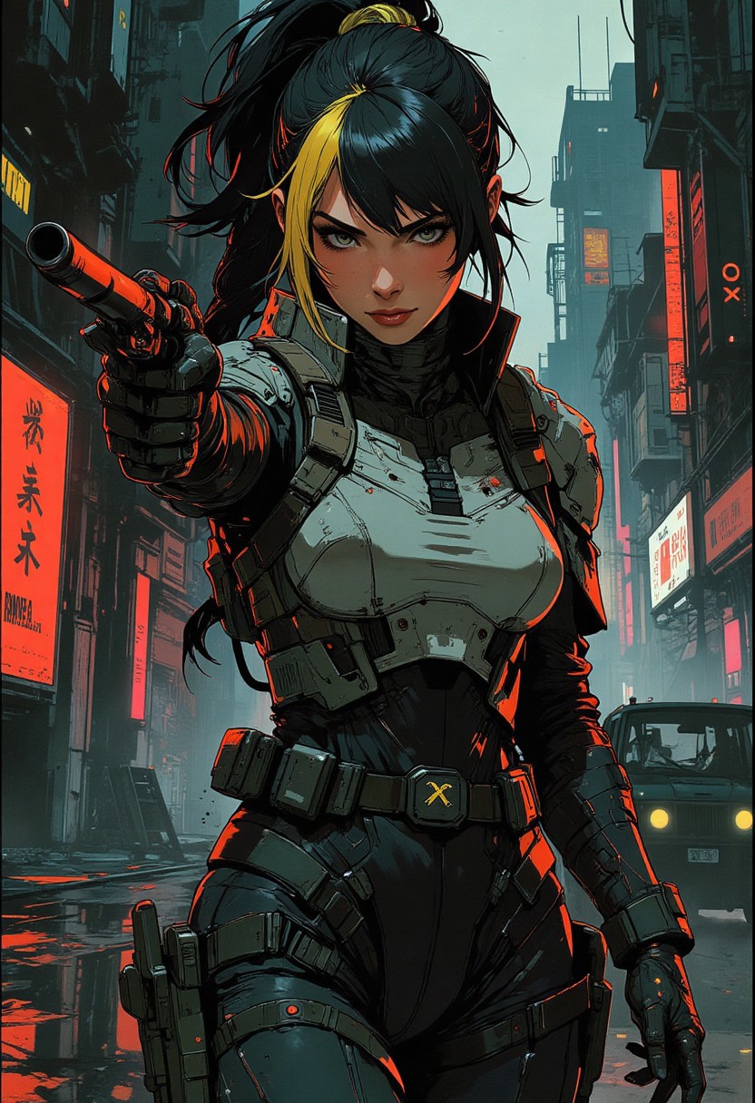 magnificent, closeup portrait, female bounty hunter, braided black hair, two tone hair, blonde highlights in hair, futuristic armor, sci-fi, sleek armored bodysuit, shoulder plates, hip plates, sexy, curvy, large breasts, large ass, rifle, aiming rifle, pointing rifle, Cyberpunk City, Neon Lights, foreshortening,
looking at viewer, solo, smirk, cocky smirk, godrays, raytracing, 
Cowboy Shot, close up, from above,