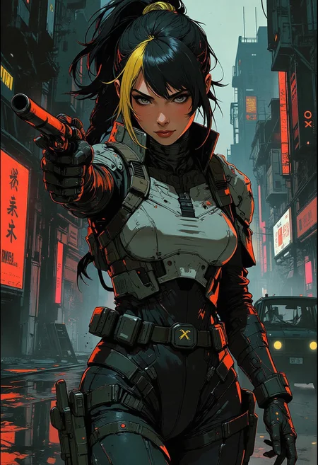 magnificent, closeup portrait, female bounty hunter, braided black hair, two tone hair, blonde highlights in hair, futuristic armor, sci-fi, sleek armored bodysuit, shoulder plates, hip plates, sexy, curvy, large breasts, large ass, rifle, aiming rifle, pointing rifle, Cyberpunk City, Neon Lights, foreshortening,
looking at viewer, solo, smirk, cocky smirk, godrays, raytracing, 
Cowboy Shot, close up, from above,