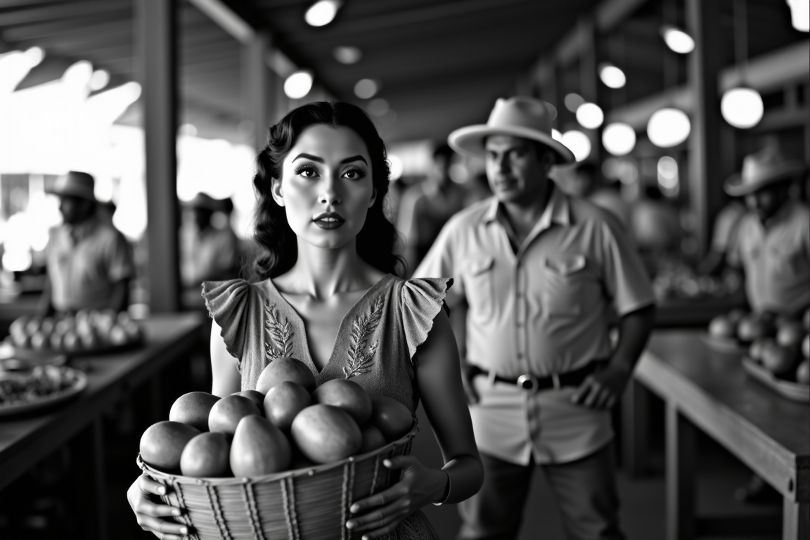 <lora:Mexican Noir Style-flux:1> mxnoirsty, black and white, dark,  The Mysterious Woman in the Marketplace (Classic 50s Noir Lighting, Soft Bokeh for Dreamlike Effect)
A breathtaking woman in a traditional Mexican embroidered dress walks through a bustling mercado, her gaze fixed on somethingâor someoneâjust beyond the frame. She holds a woven basket filled with fresh mangoes, her dark eyes framed by long lashes. Behind her, a man in a light guayabera shirt and Panama hat watches her intently from the shadows. The shot is taken with a classic 1950s Zeiss Ikon camera, using a soft bokeh effect that makes the crowded market blur into a dreamlike haze, drawing all attention to her enigmatic presence.