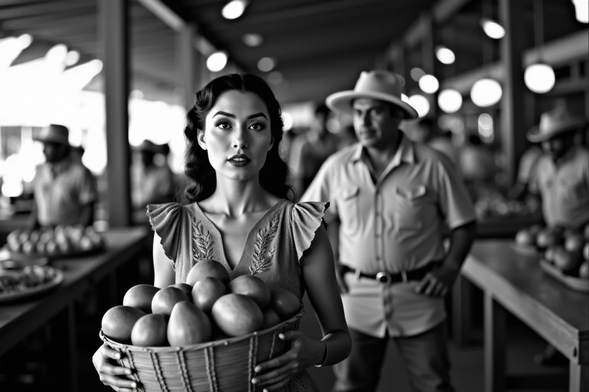 <lora:Mexican Noir Style-flux:1> mxnoirsty, black and white, dark,  The Mysterious Woman in the Marketplace (Classic 50s Noir Lighting, Soft Bokeh for Dreamlike Effect)
A breathtaking woman in a traditional Mexican embroidered dress walks through a bustling mercado, her gaze fixed on somethingâor someoneâjust beyond the frame. She holds a woven basket filled with fresh mangoes, her dark eyes framed by long lashes. Behind her, a man in a light guayabera shirt and Panama hat watches her intently from the shadows. The shot is taken with a classic 1950s Zeiss Ikon camera, using a soft bokeh effect that makes the crowded market blur into a dreamlike haze, drawing all attention to her enigmatic presence.
