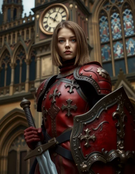 A fierce and confident young woman is in front of an ancient midevil cathedral with a clock tower in the background, and stained glass windows. She is standing to the side with her both a quarter turned toward the viewer. Wearing a full suit of intricately designed red viking_punk style armor with gold trim. Her black jumpsuit can be seen underneath the armor. The armor is adorned with intricate crusader style crosses. One gloved hand are resting on the handle of an intricately designed longsword, and the other is holding a large shield. She has short straight hair framing her long and slender heart-shaped face with large ice blue doe eyes and full wide lips. <lora:art and styles/MysticFantasy>, <lora:flux_trainer/moxiePunk_v3S>