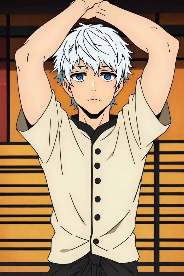 zPDXL, score_9, score_8_up, score_7_up, rating_safe, , looking at viewer, , 1boy, male focus, ice blue eyes, white hair, angular fringe,, solo, wide angle, wide shot, cowboy shot, dojo, day, clouds, arms above head, :D, <lora:kami_no_tou_style_pony:1.22>, kami_no_tou_style, , <lora:sdxl_lightning_8step_lora:1>