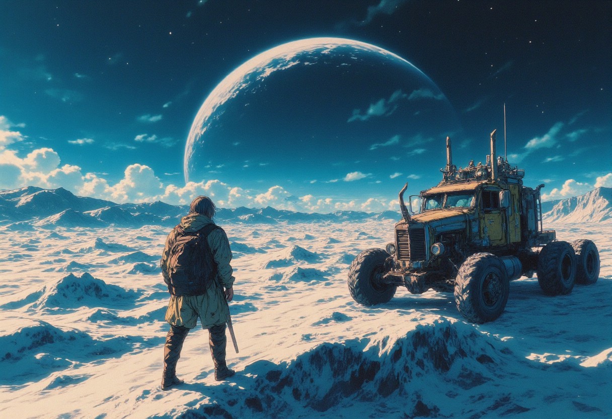 The image is a digital illustration in a detailed, vibrant, high contrast, semi-realistic art style with 90s retro futuristic anime elements without noise or comic halftone effect. The planet Eyjensul, you are here. A frozen tundra for much of its 250 year orbit around Elias. In the decades closest to the supergiant the planet transforms into a desert. As water is drawn from the sands the planet experiences its only weather. Vast storms surge into existence. And the shifting sands reveal their treasure. You are part of the Salvage Union, the backbone of the abandoned world's sputtering economy. When the tundra begins to stir for a few brief months between frost and storm you will seek your fortune on the long road to Perihelion, the last true city and the only shelter. The compostition and the poses are dynamic. The composition is dominated by cool tones, with a muted, slightly gritty texture that enhances the gritty, futuristic atmosphere. ne0nfant4sy